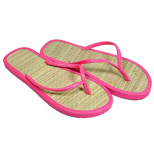 12-pair Straw Flip Flop w/ Fuchsia Straps - SL-WE207FU